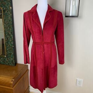 Vintage Genuine Suede Leather Coat Jacket Cranberry Red Crochet Stitching Siz M